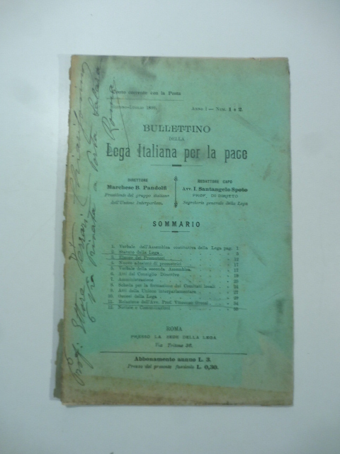 Bullettino della Lega italiana per la pace, giugno-luglio 1899, anno I, num. 1 e 2